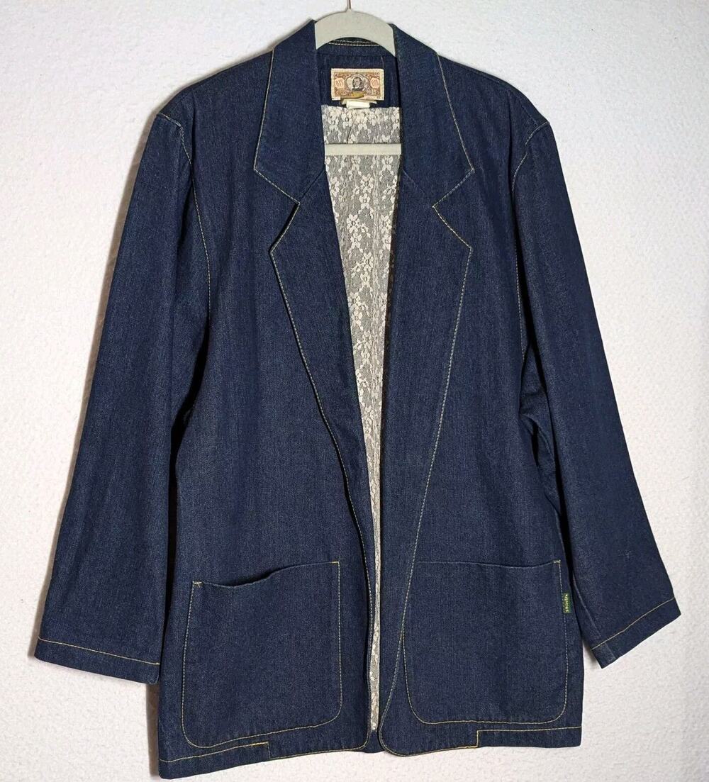 Vtg 80s BIS BIS Denim Jacket Women Sz Small / Medium Dk Blue Long Oversize